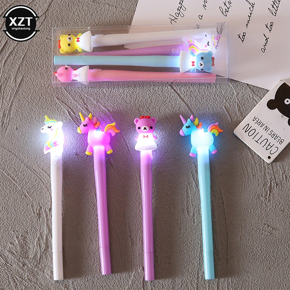 4 Stück Einhorn-Gelstifte mit LED-Licht – Kawaii niedliche Gel-Tintenstifte für Mädchen, leuchtende Stifte, Schulbedarf, Kinder-Schreibwaren
