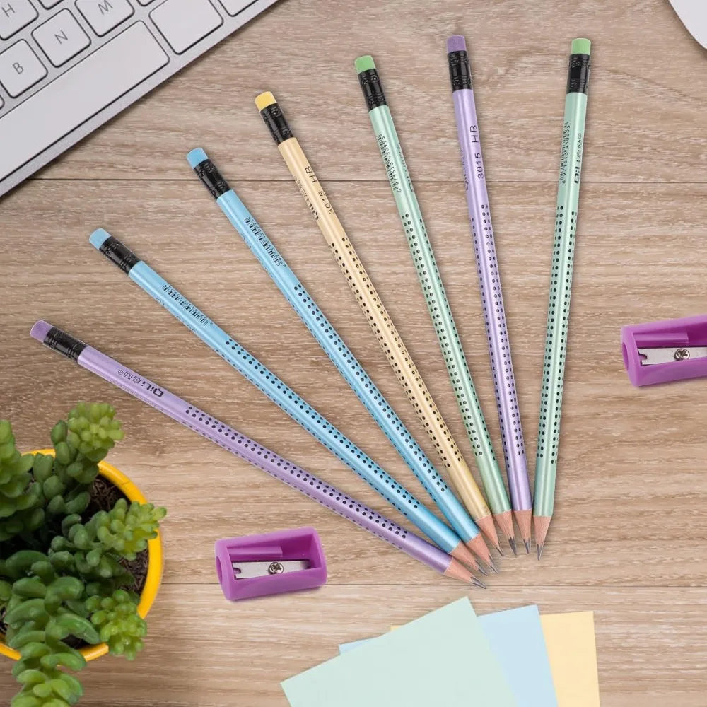 12 Stück neue dreieckige HB-Punkte-Bleistifte für Kinder mit Cartoon-Design, mehrfarbig gemischt, mit Radiergummi – Kalligrafie-Set für Schüler – Schreibwaren