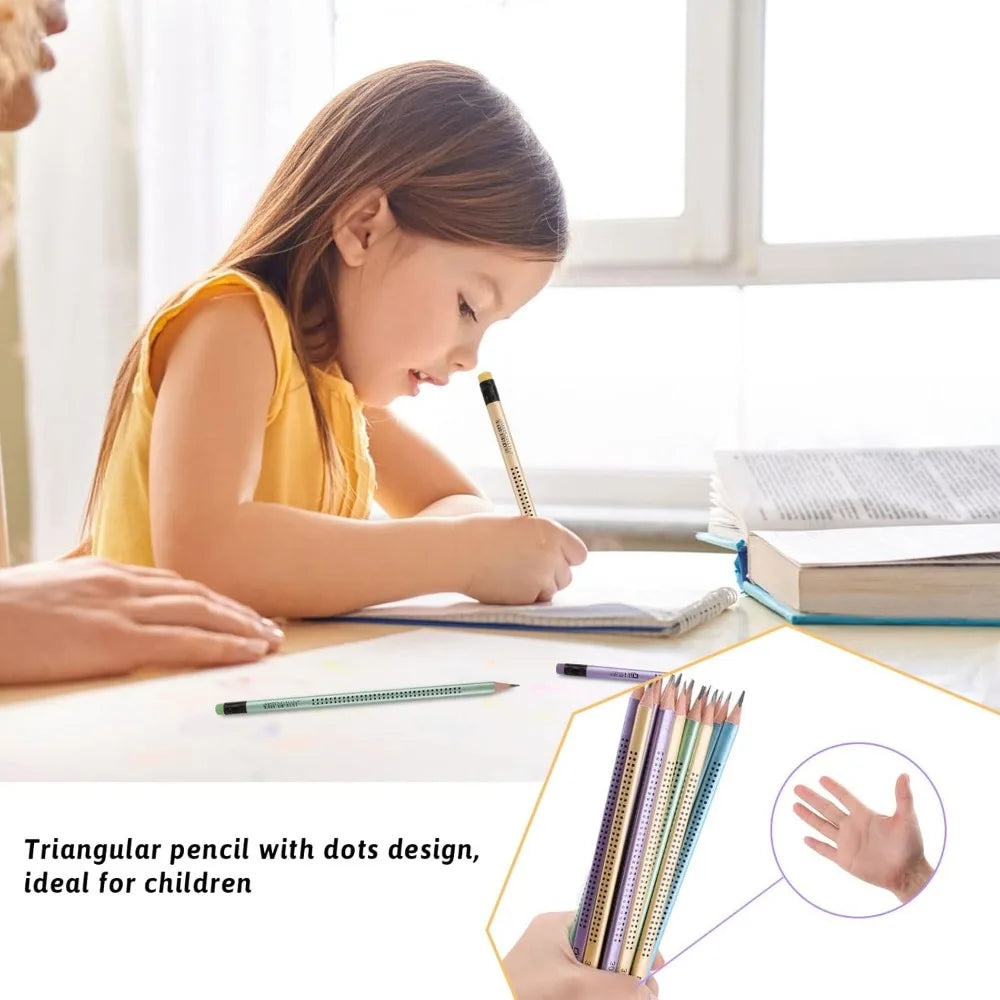 12 Stück neue dreieckige HB-Punkte-Bleistifte für Kinder mit Cartoon-Design, mehrfarbig gemischt, mit Radiergummi – Kalligrafie-Set für Schüler – Schreibwaren