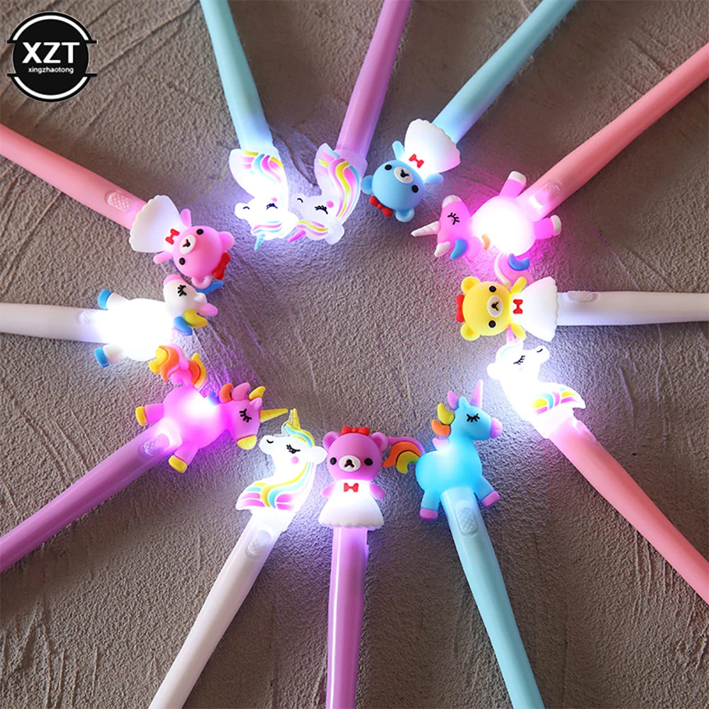 4 Stück Einhorn-Gelstifte mit LED-Licht – Kawaii niedliche Gel-Tintenstifte für Mädchen, leuchtende Stifte, Schulbedarf, Kinder-Schreibwaren