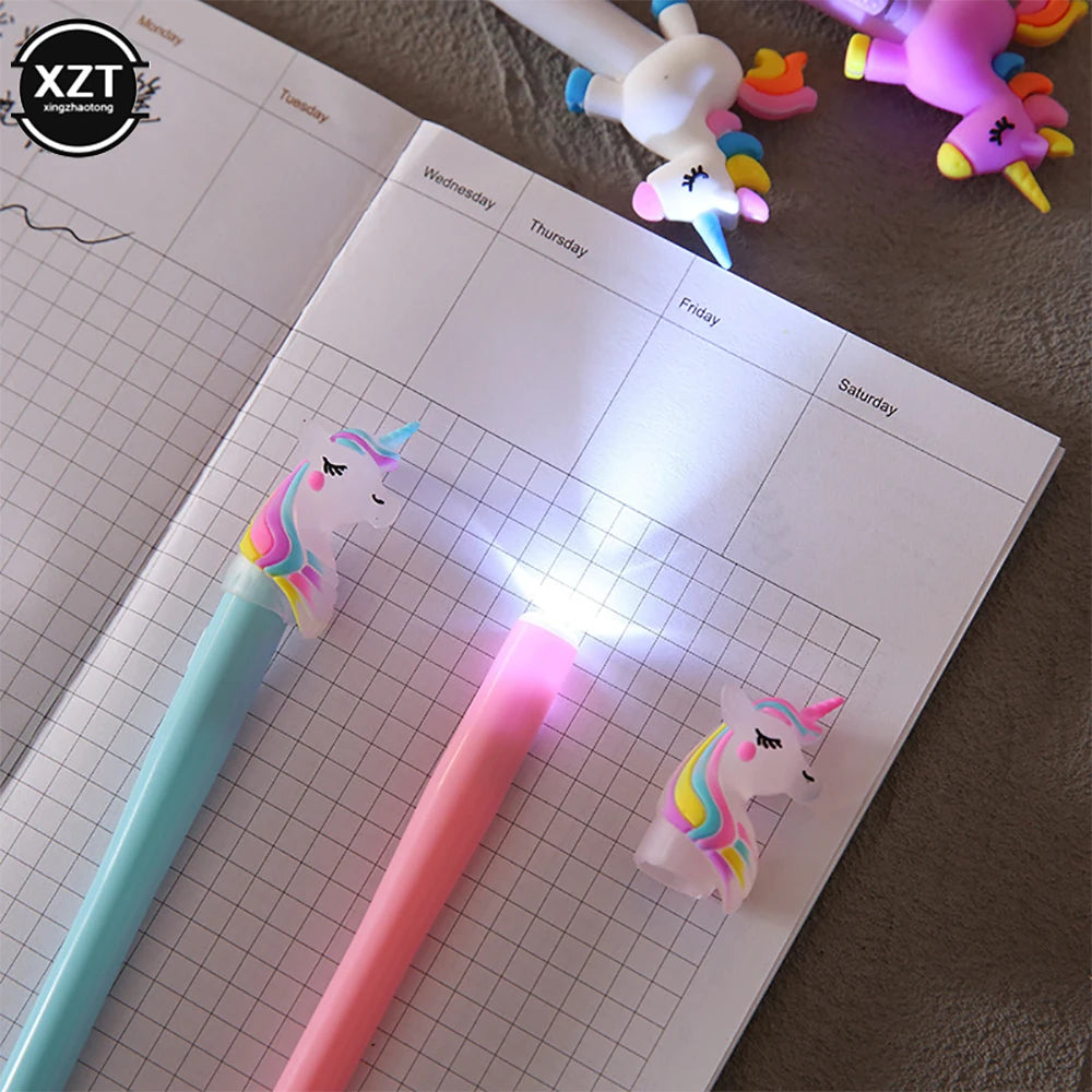 4 Stück Einhorn-Gelstifte mit LED-Licht – Kawaii niedliche Gel-Tintenstifte für Mädchen, leuchtende Stifte, Schulbedarf, Kinder-Schreibwaren