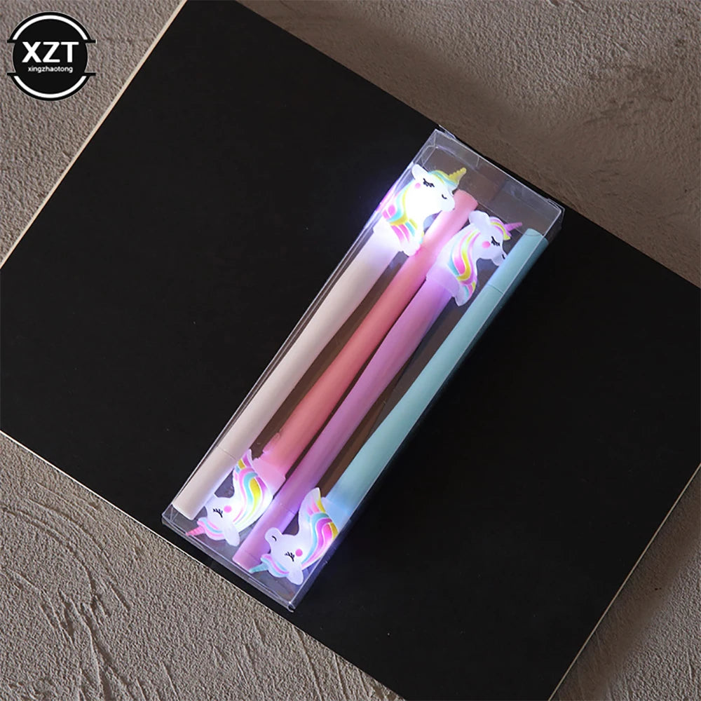 4 Stück Einhorn-Gelstifte mit LED-Licht – Kawaii niedliche Gel-Tintenstifte für Mädchen, leuchtende Stifte, Schulbedarf, Kinder-Schreibwaren