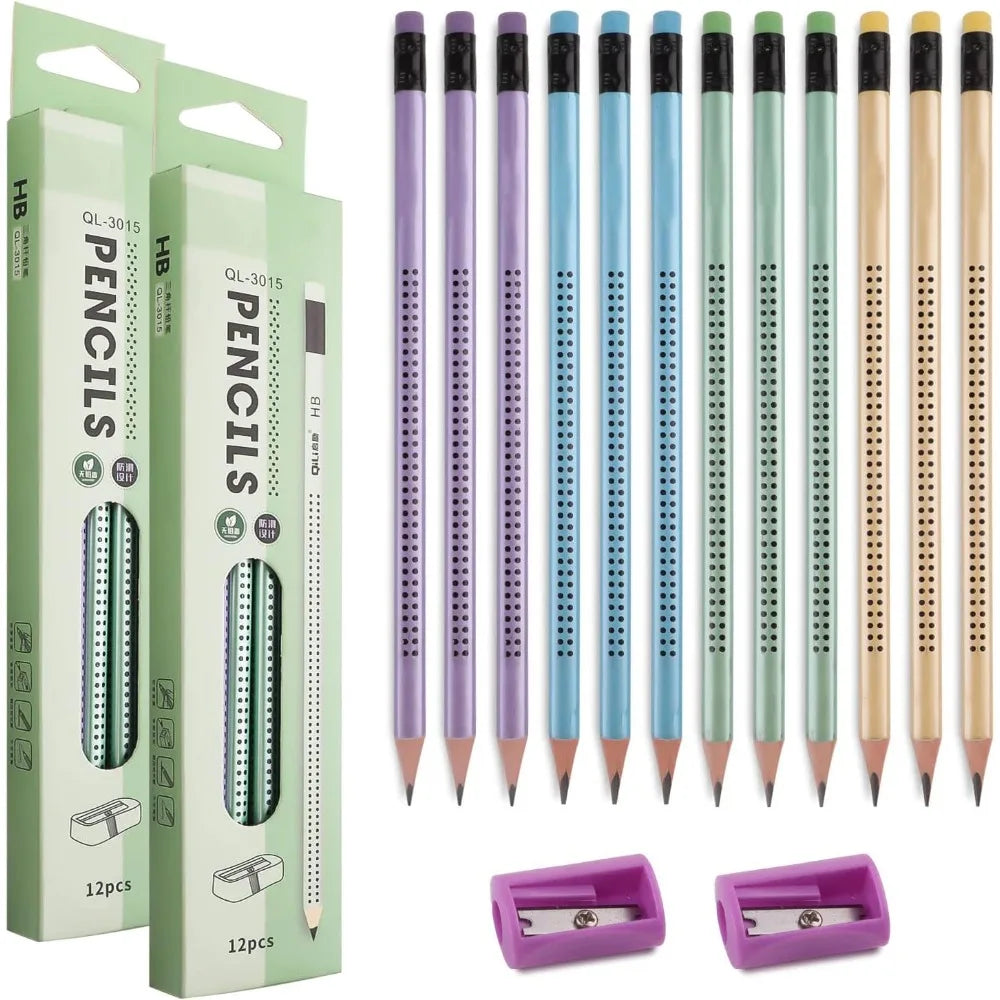 12 Stück neue dreieckige HB-Punkte-Bleistifte für Kinder mit Cartoon-Design, mehrfarbig gemischt, mit Radiergummi – Kalligrafie-Set für Schüler – Schreibwaren