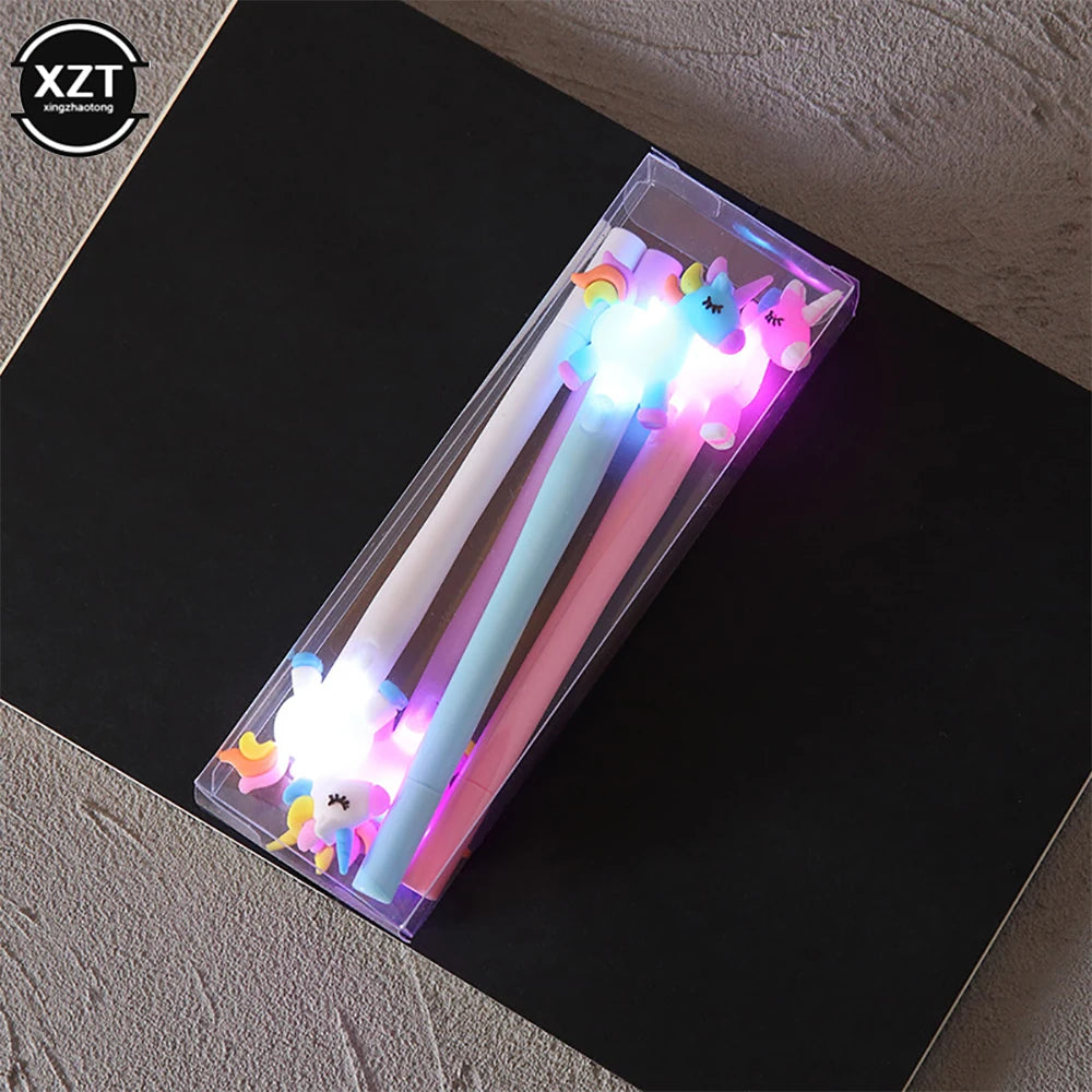 4 Stück Einhorn-Gelstifte mit LED-Licht – Kawaii niedliche Gel-Tintenstifte für Mädchen, leuchtende Stifte, Schulbedarf, Kinder-Schreibwaren