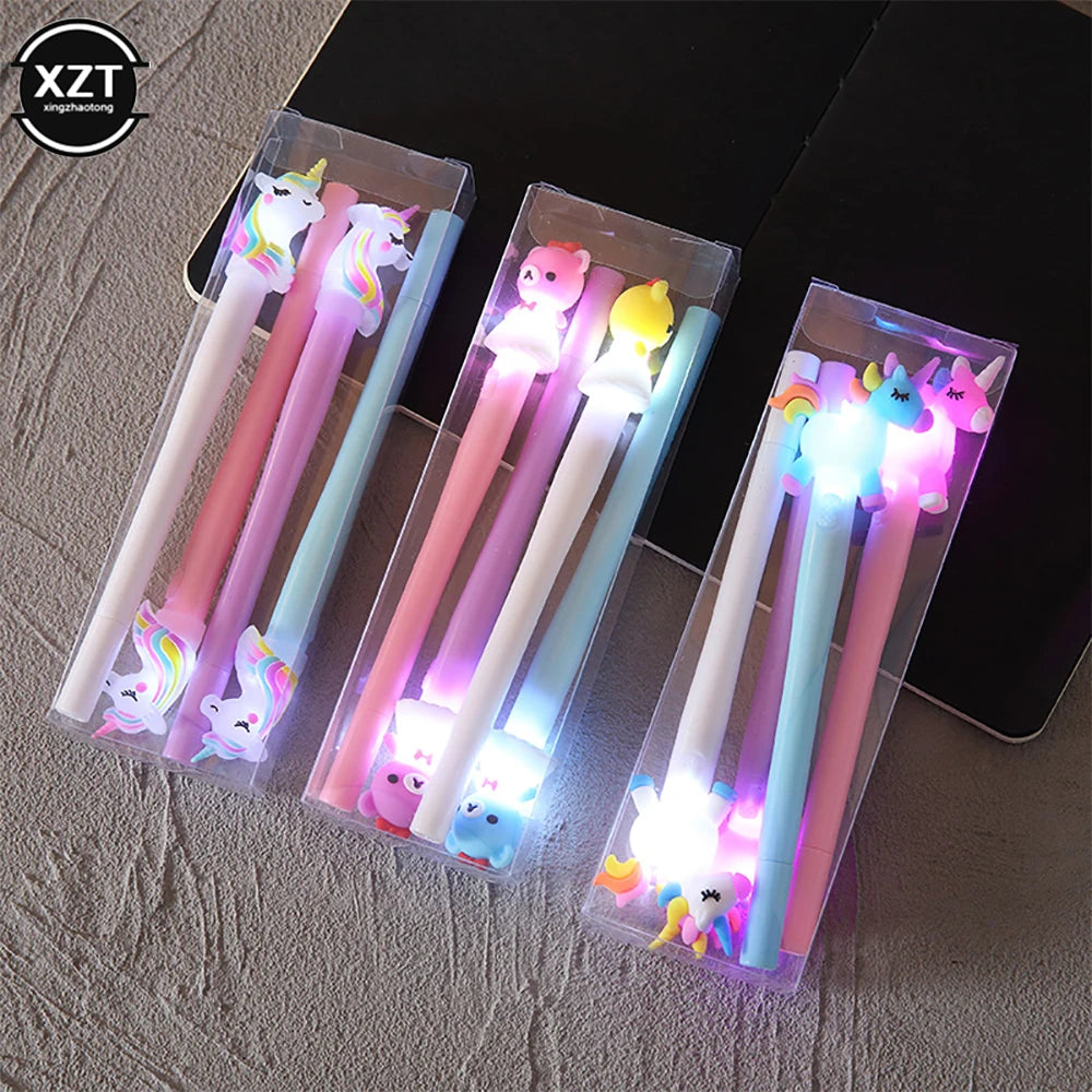 4 Stück Einhorn-Gelstifte mit LED-Licht – Kawaii niedliche Gel-Tintenstifte für Mädchen, leuchtende Stifte, Schulbedarf, Kinder-Schreibwaren