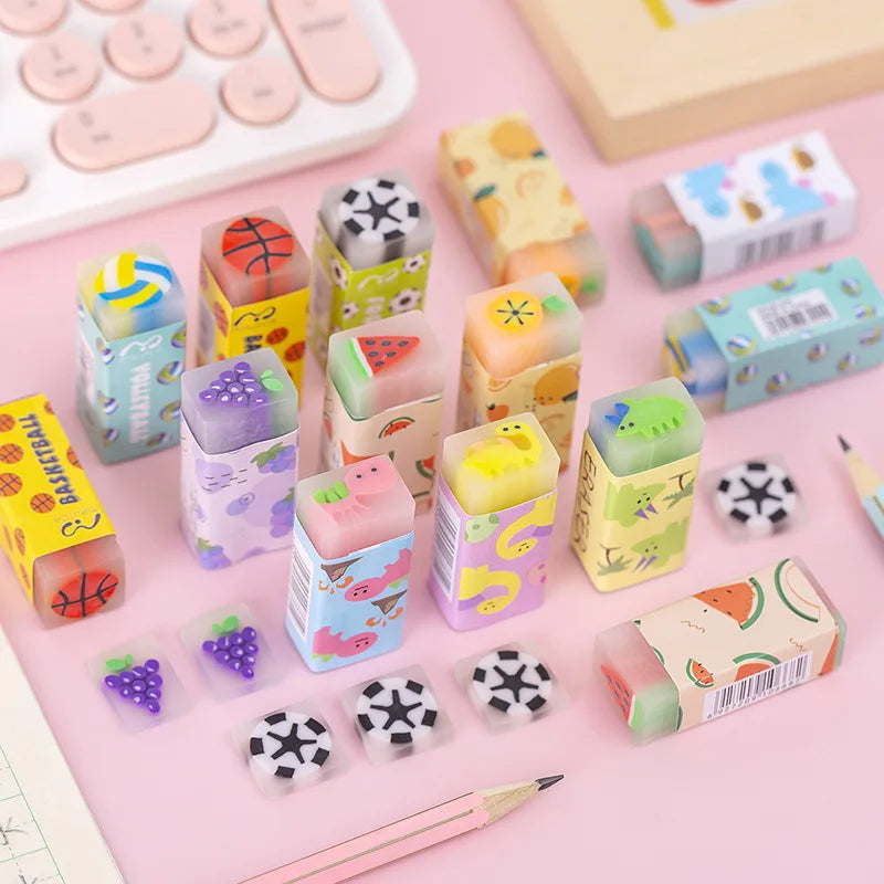 12pcs/set Cute Pencil Eraser Animal Dinosaur Ball Funny Fruit Eraser Desk Pet Eraser School Supplies Prizes Gifts Party Gifts