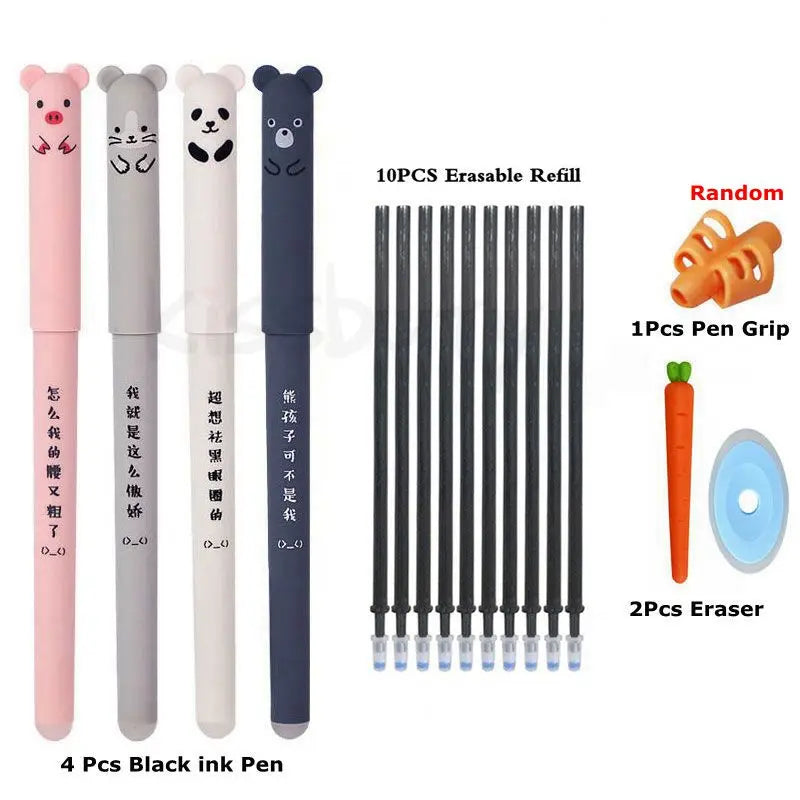 Kawaii Radierbares Gelstift-Set – Niedliche Cartoon-Tiere & Katzen – Löschbare Stifte mit Nachfüllmine, abwaschbarem Griff und ergonomischer Halterung – Perfekt für die Schule