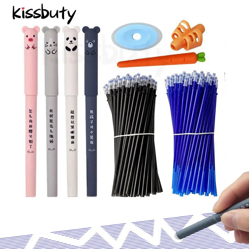 Kawaii Radierbares Gelstift-Set – Niedliche Cartoon-Tiere & Katzen – Löschbare Stifte mit Nachfüllmine, abwaschbarem Griff und ergonomischer Halterung – Perfekt für die Schule