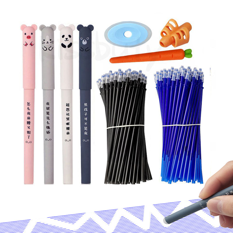 Kawaii Radierbares Gelstift-Set – Niedliche Cartoon-Tiere & Katzen – Löschbare Stifte mit Nachfüllmine, abwaschbarem Griff und ergonomischer Halterung – Perfekt für die Schule