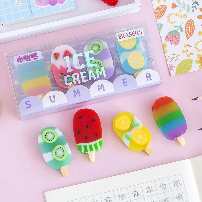 1-2 Set Lytwtw's Cartoon Cute Kawaii Ice Cream Rubber Mini Eraser Set For Kids Novelty Stationery Office School Supplies