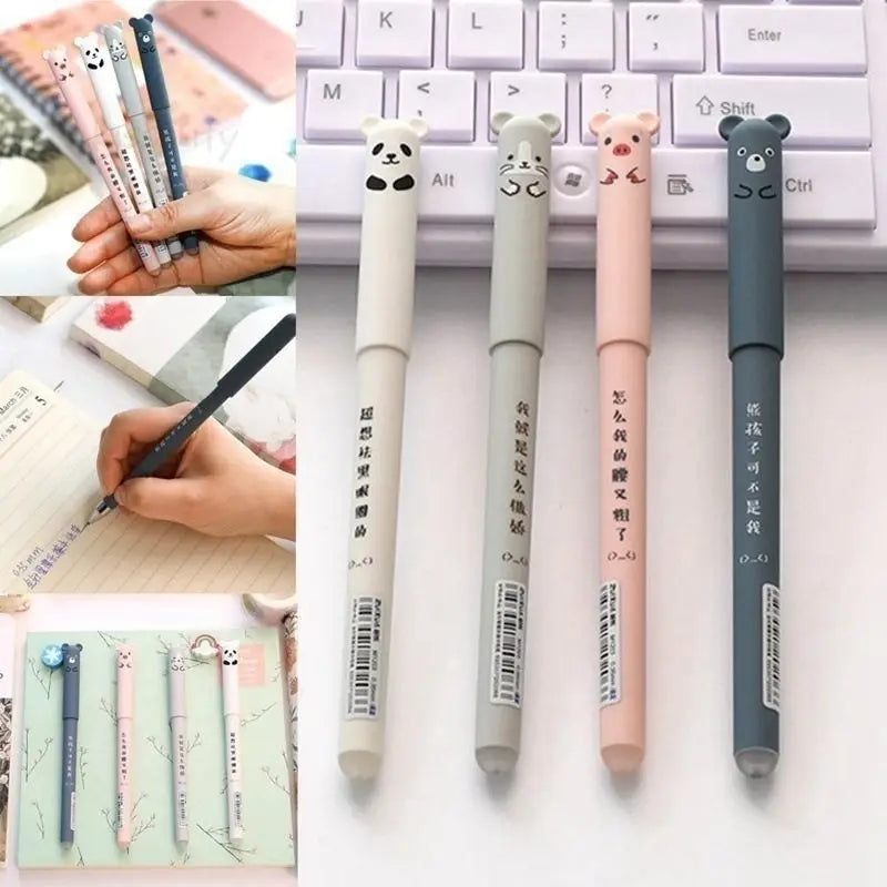 Kawaii Radierbares Gelstift-Set – Niedliche Cartoon-Tiere & Katzen – Löschbare Stifte mit Nachfüllmine, abwaschbarem Griff und ergonomischer Halterung – Perfekt für die Schule