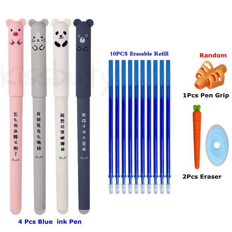 Kawaii Radierbares Gelstift-Set – Niedliche Cartoon-Tiere & Katzen – Löschbare Stifte mit Nachfüllmine, abwaschbarem Griff und ergonomischer Halterung – Perfekt für die Schule