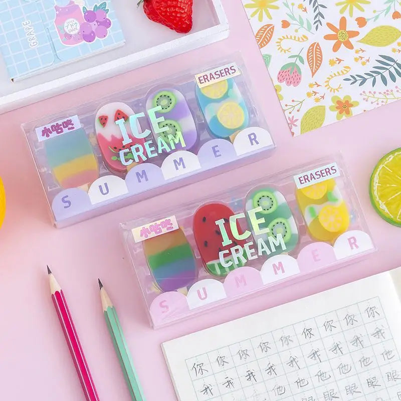 1-2 Set Lytwtw's Cartoon Cute Kawaii Ice Cream Rubber Mini Eraser Set For Kids Novelty Stationery Office School Supplies