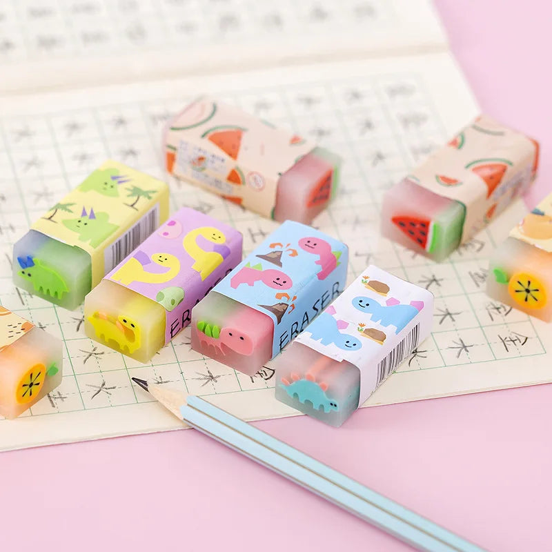 12pcs/set Cute Pencil Eraser Animal Dinosaur Ball Funny Fruit Eraser Desk Pet Eraser School Supplies Prizes Gifts Party Gifts