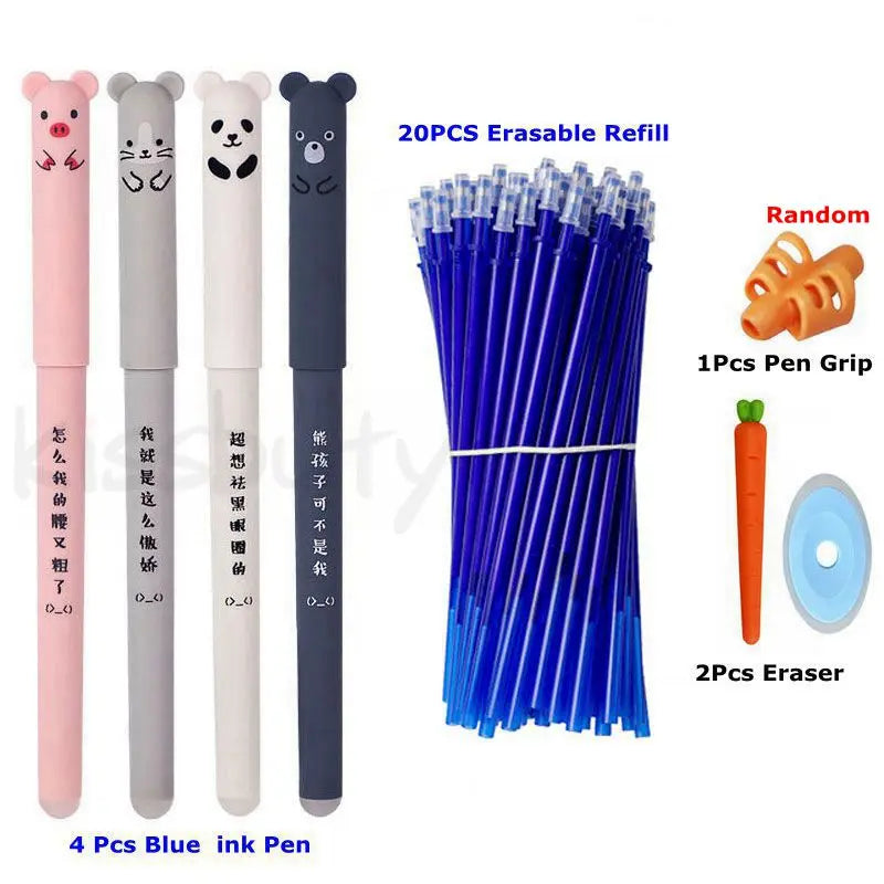 Kawaii Radierbares Gelstift-Set – Niedliche Cartoon-Tiere & Katzen – Löschbare Stifte mit Nachfüllmine, abwaschbarem Griff und ergonomischer Halterung – Perfekt für die Schule