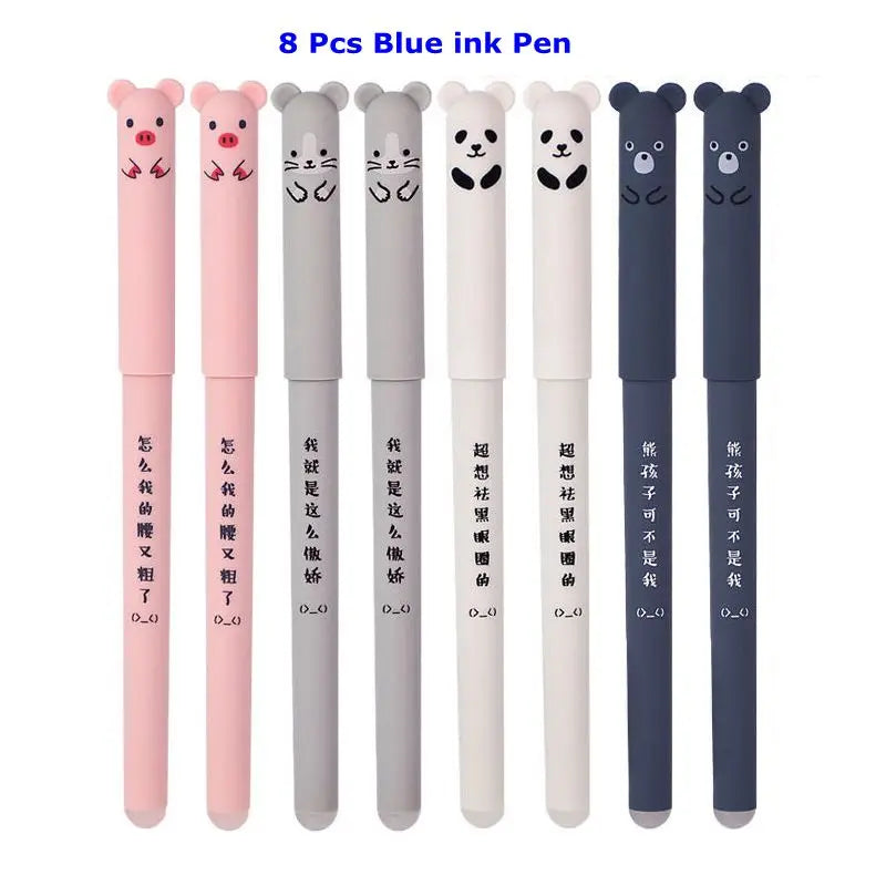 Kawaii Radierbares Gelstift-Set – Niedliche Cartoon-Tiere & Katzen – Löschbare Stifte mit Nachfüllmine, abwaschbarem Griff und ergonomischer Halterung – Perfekt für die Schule