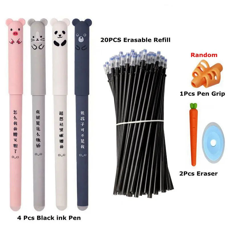 Kawaii Radierbares Gelstift-Set – Niedliche Cartoon-Tiere & Katzen – Löschbare Stifte mit Nachfüllmine, abwaschbarem Griff und ergonomischer Halterung – Perfekt für die Schule