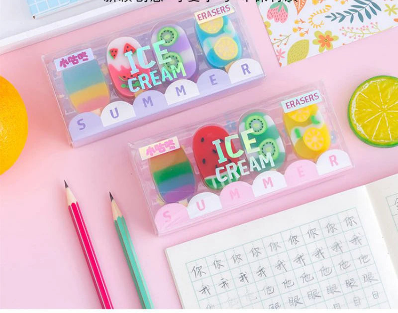 1-2 Set Lytwtw's Cartoon Cute Kawaii Ice Cream Rubber Mini Eraser Set For Kids Novelty Stationery Office School Supplies